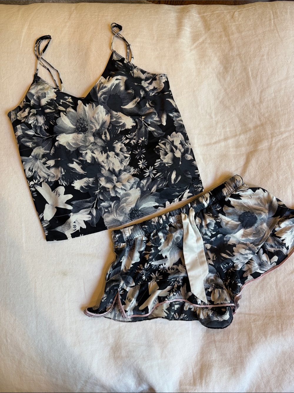 Victoria's Secret Black & White Floral Satin Cami and Ruffle Shorts Set